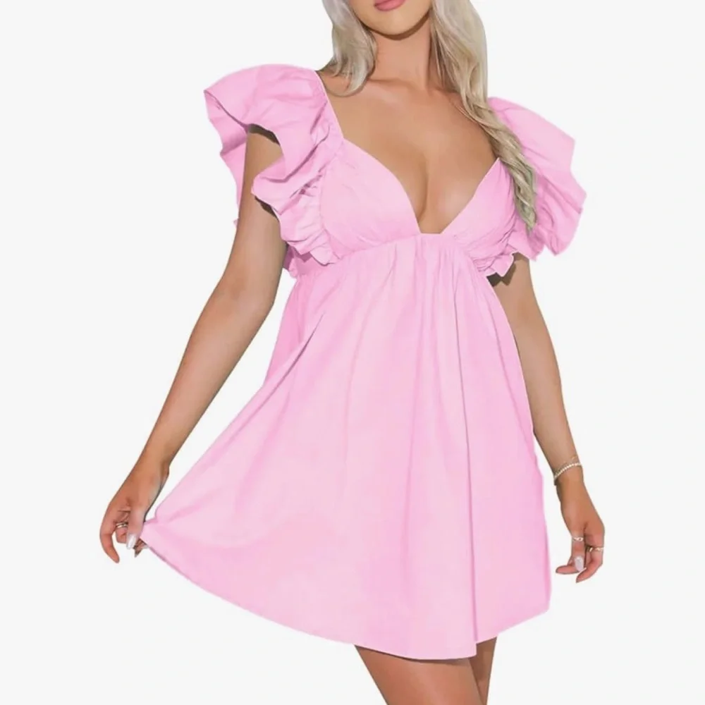 Pink Ruffle Sleeve Dress - Picture 1 of 7